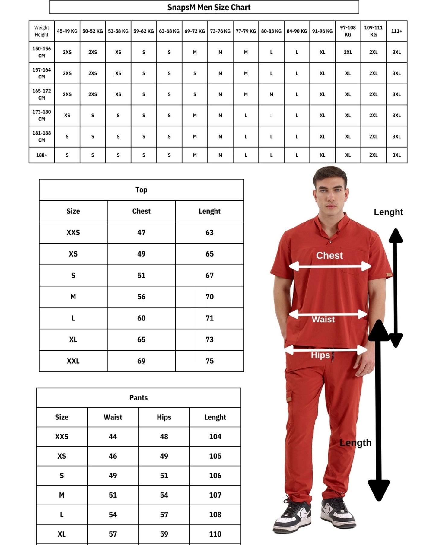 Brl SnapsM Men`s Medical Scrub Top for doctors & nurses, sizechart
