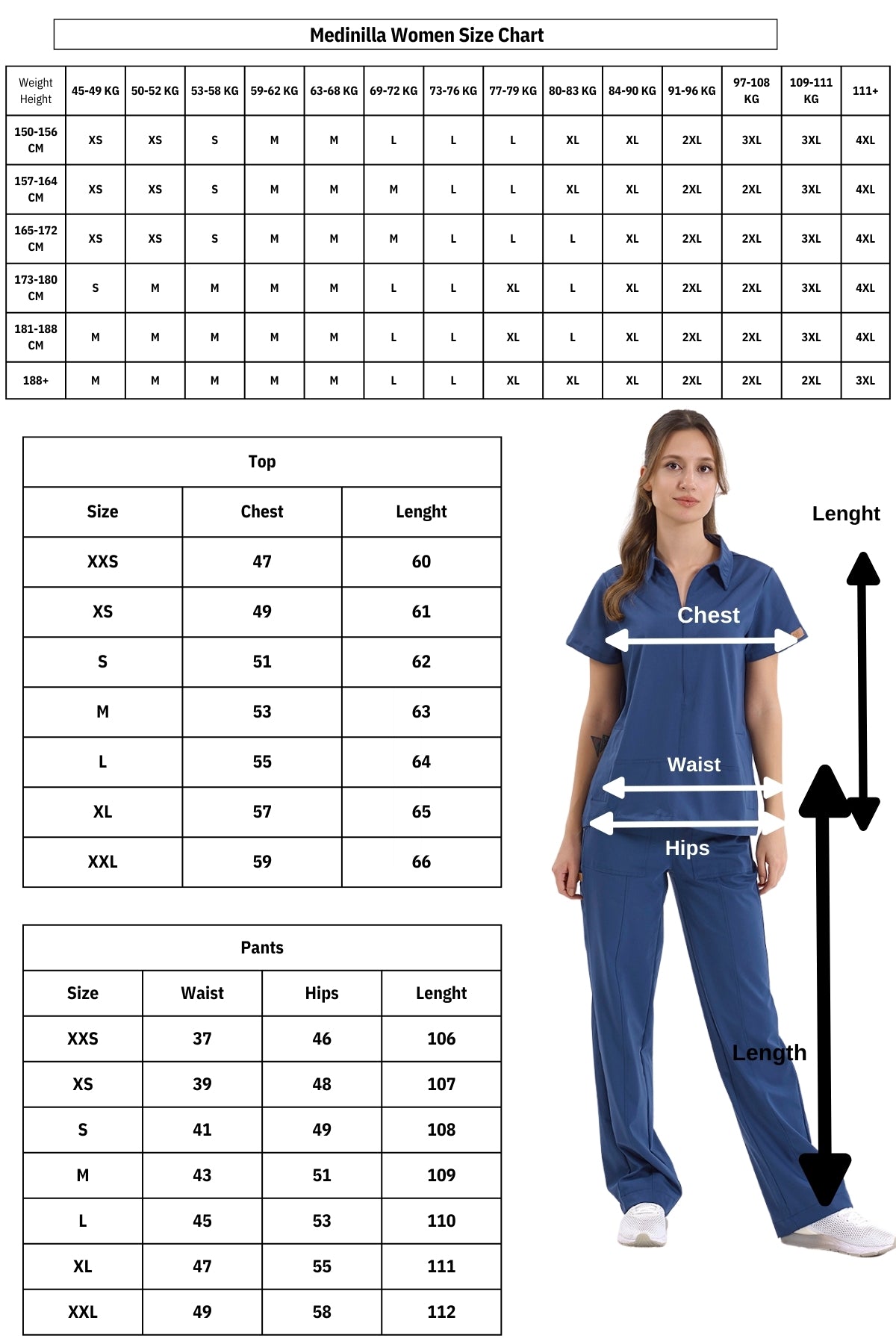 Brl Medinilla Women`s Medical Scrub Top size chart  for doctors and nurses from MedUniforms.store
