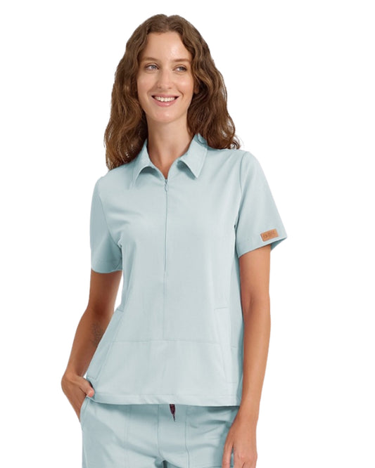 BRL Medinilla Women’s Medical Scrub Top – Polo Collar with Hidden Zipper – Side Pockets – 4-Way Stretch