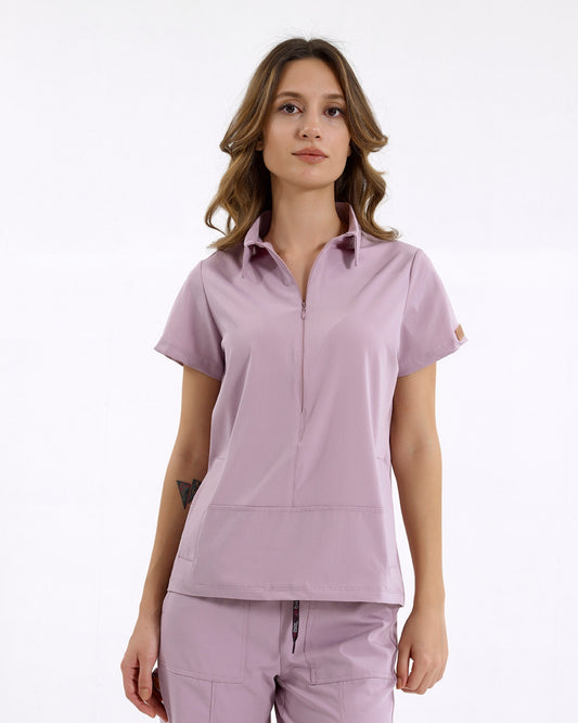 BRL Medinilla Women’s Medical Scrub Top – Polo Collar with Hidden Zipper – Side Pockets – 4-Way Stretch